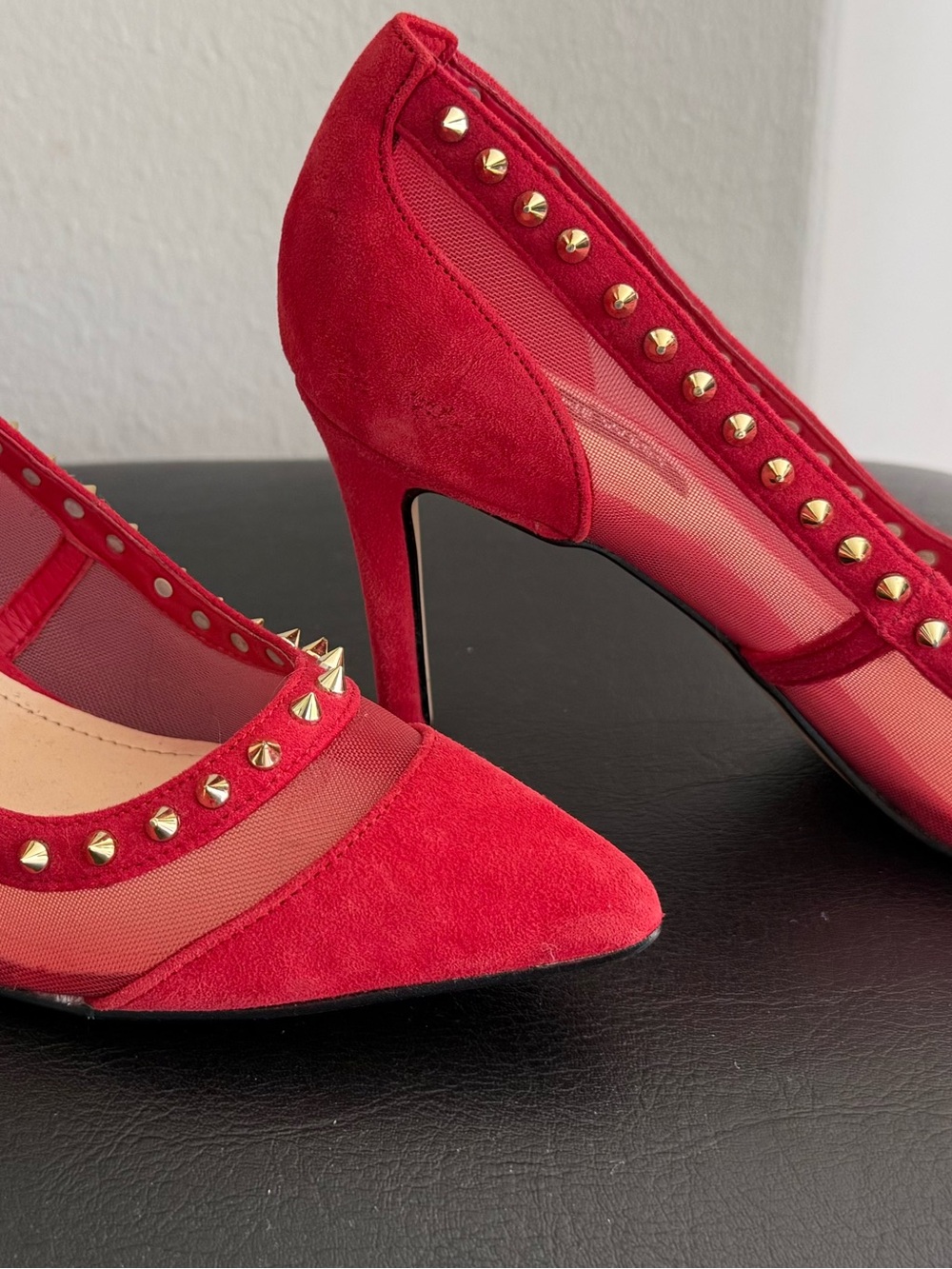 Women's Red Studded Mesh Pointed-Toe Heels